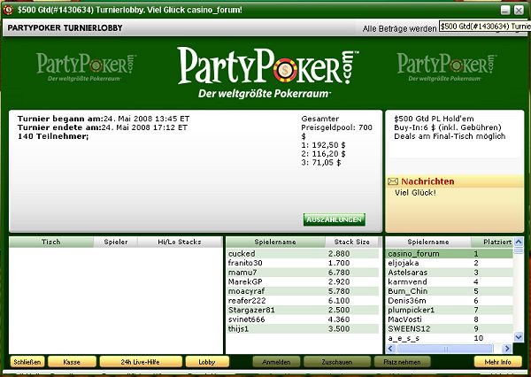 Pokerturnier bei Partypoker